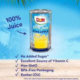 Dole pineapple juice label close-up emphasizes no added sugar