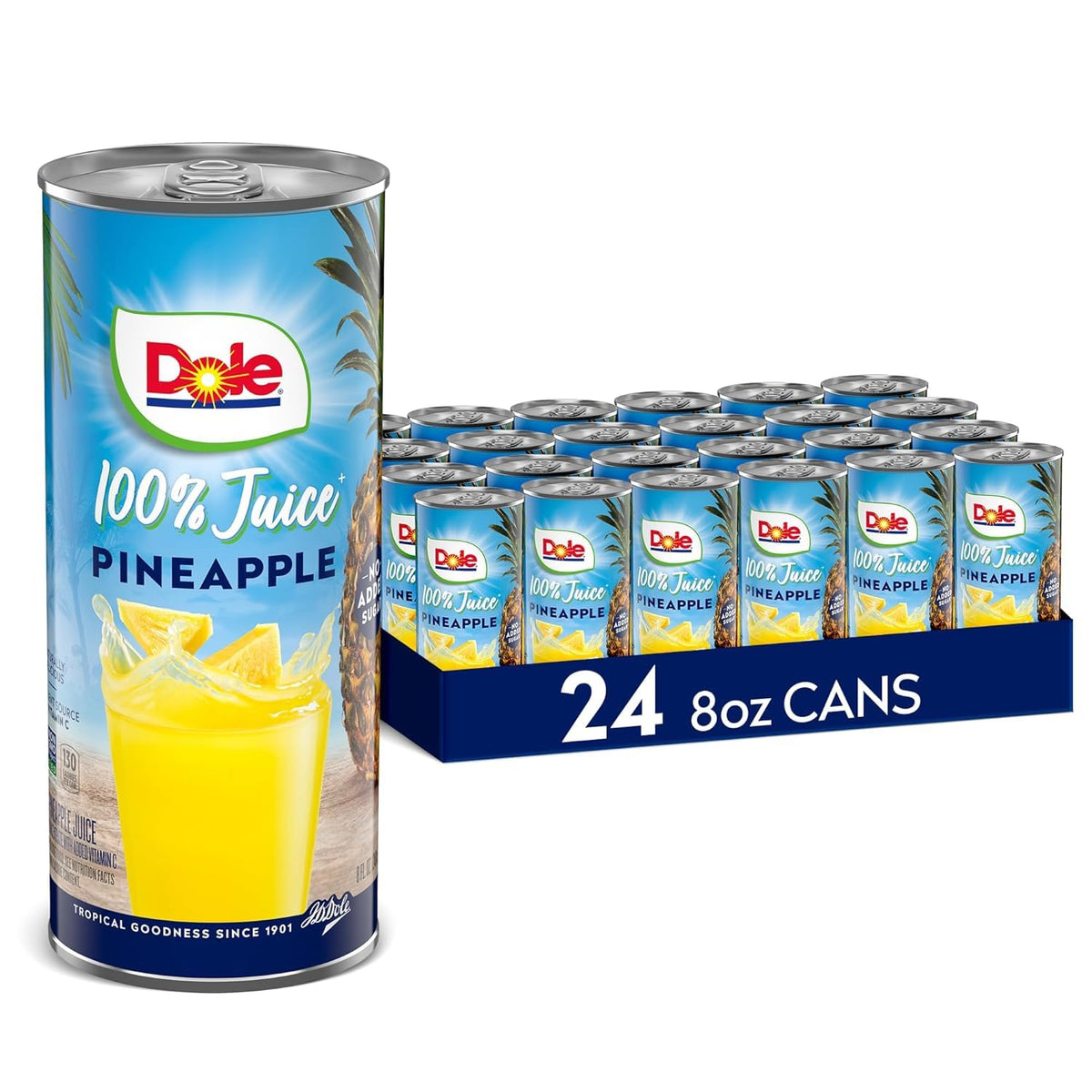 Dole Pineapple Juice bottle shows 100% juice with no added sugar.