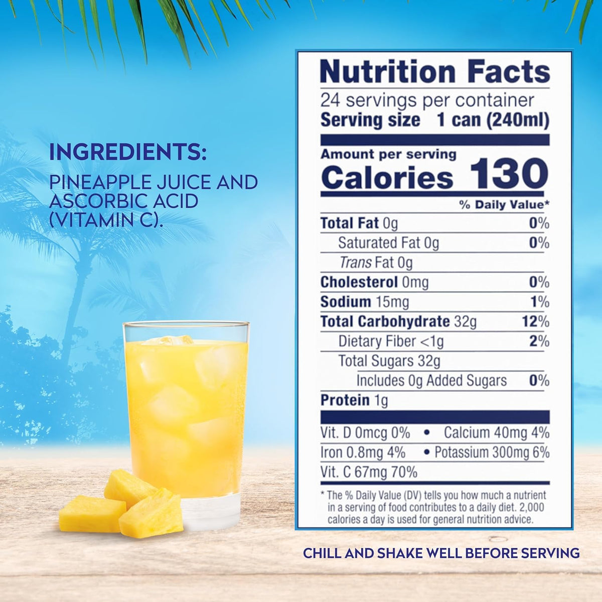 Dole Pineapple Juice can highlights 100% fruit juice for versatile drinks.