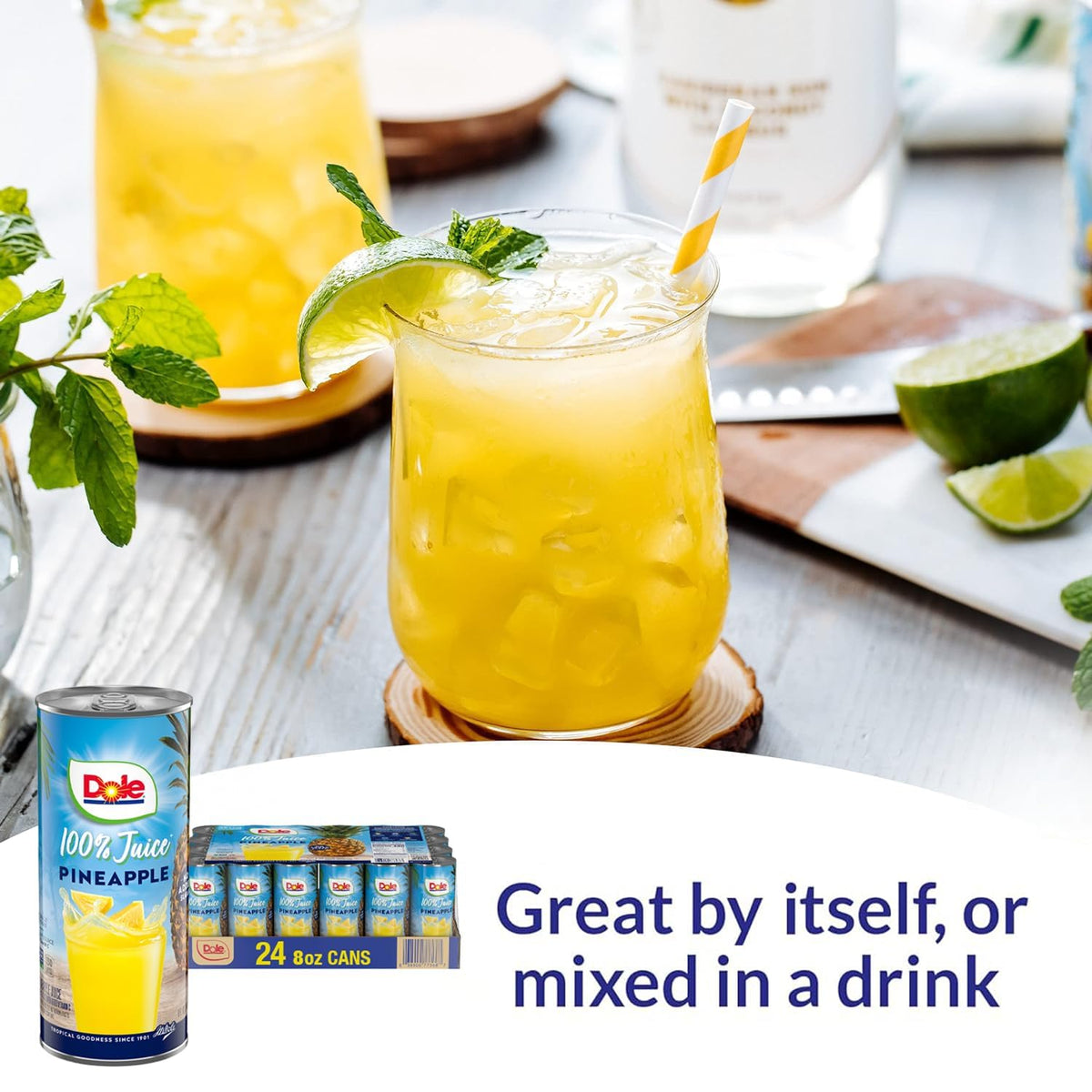 Dole Pineapple Juice label emphasizes no added sugar and Vitamin C.