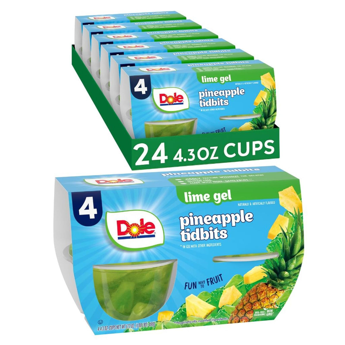 Dole pineapple lime gel cups close-up, refreshing on-the-go snack.