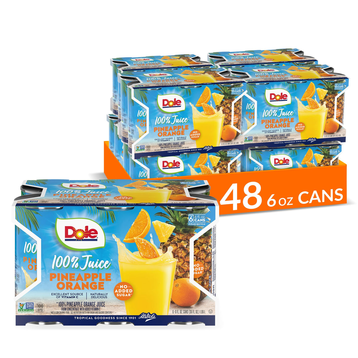 Dole Pineapple Orange Juice can front in a six-pack, ideal for quick pantry refreshment.
