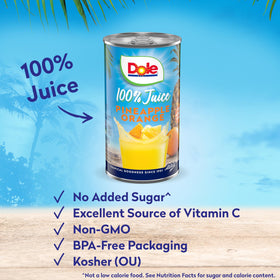 Dole Pineapple Orange Juice six-can pack on a shelf, easy for family breakfasts.