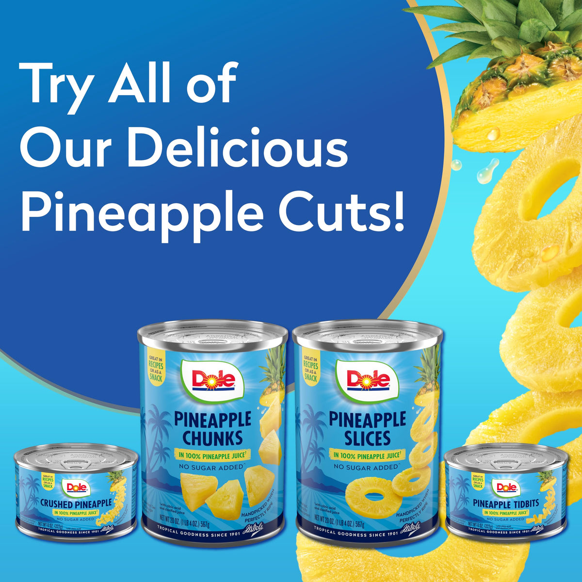 Dole pineapple slices pantry-friendly cans for quick snacks anywhere.