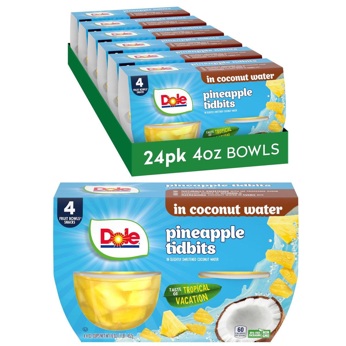 Dole Pineapple Tidbits in Coconut Water bowl ready to eat for a tropical snack