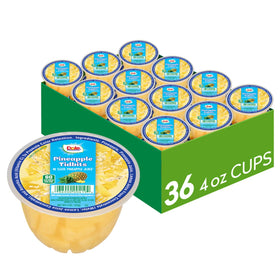 Dole Pineapple Tidbits in 100% Juice cups for quick, refreshing snacks.
