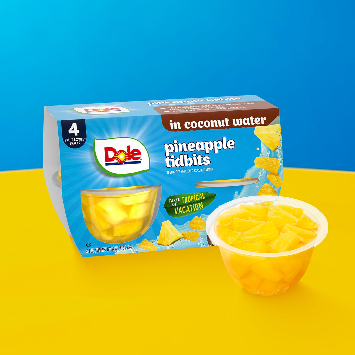 Dole Pineapple Tidbits snack in a lunchbox for a tropical lift