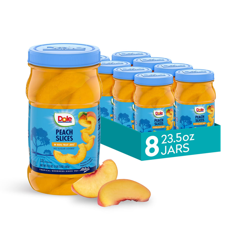 Dole sliced peaches in a resealable jar, ready-to-eat snack.