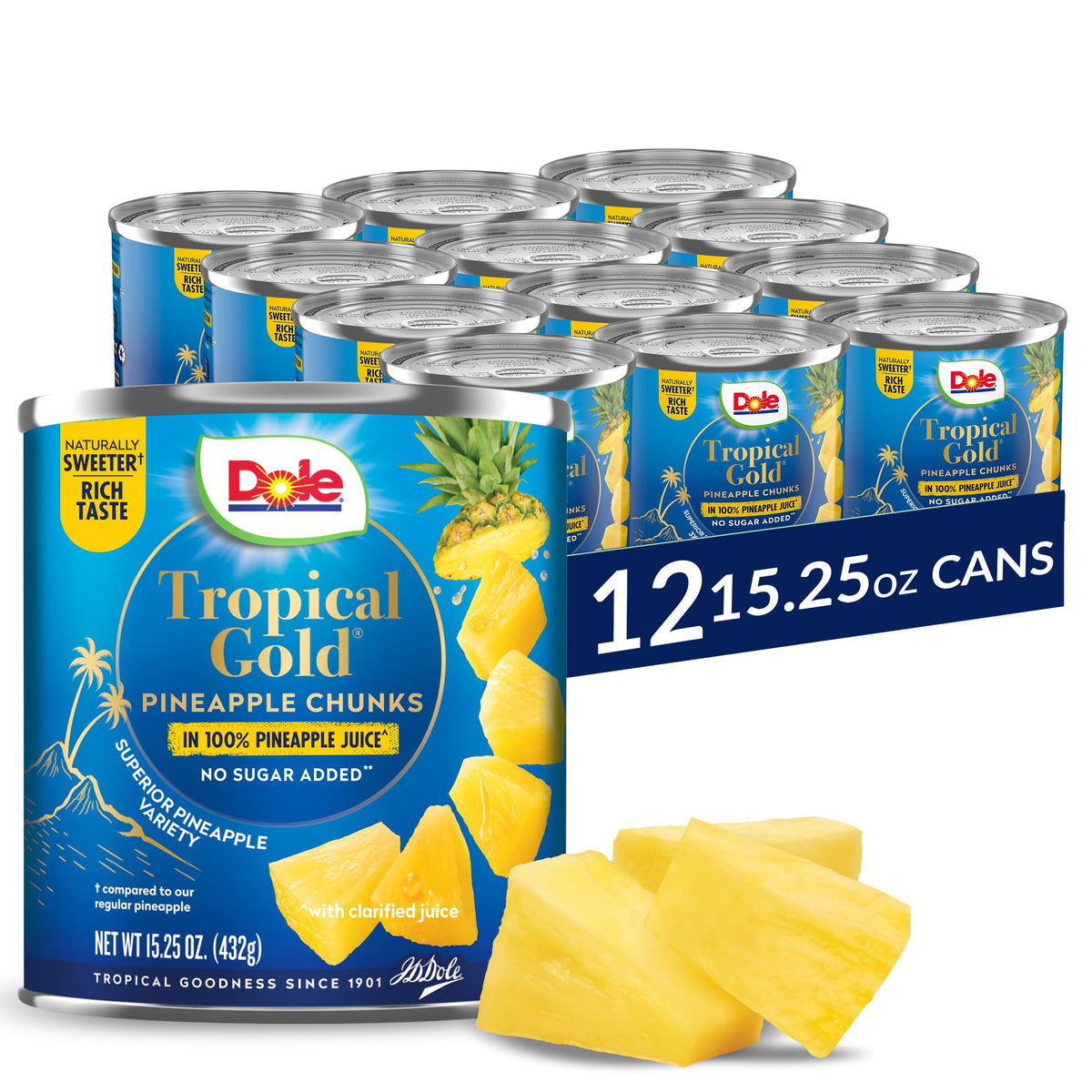 Dole Tropical Gold pineapple chunks in juice, ready for a quick, convenient snack.