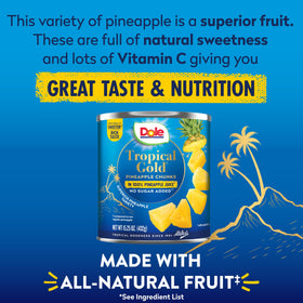 DOLE Tropical Gold pineapple chunks packaging tin on a pantry shelf.