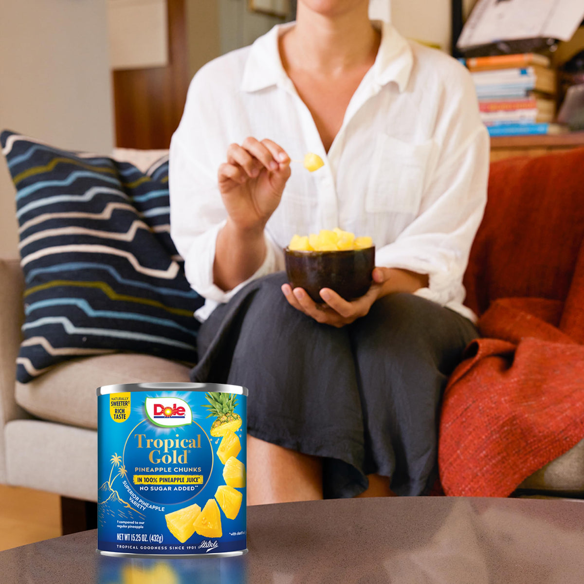 Dole Tropical Gold pineapple chunks ready to snack straight from the can.