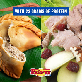 Dolores tuna on a picnic plate suggests portable protein for gatherings.