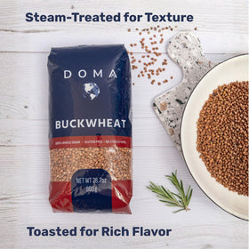 DOMA buckwheat porridge bowl suggesting creamy, satisfying breakfast.