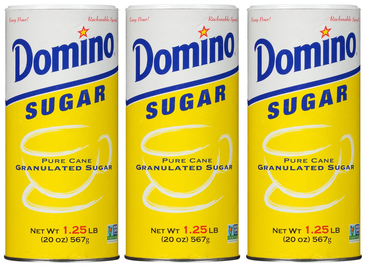 Domino granulated sugar canister top view highlights easy access and freshness.