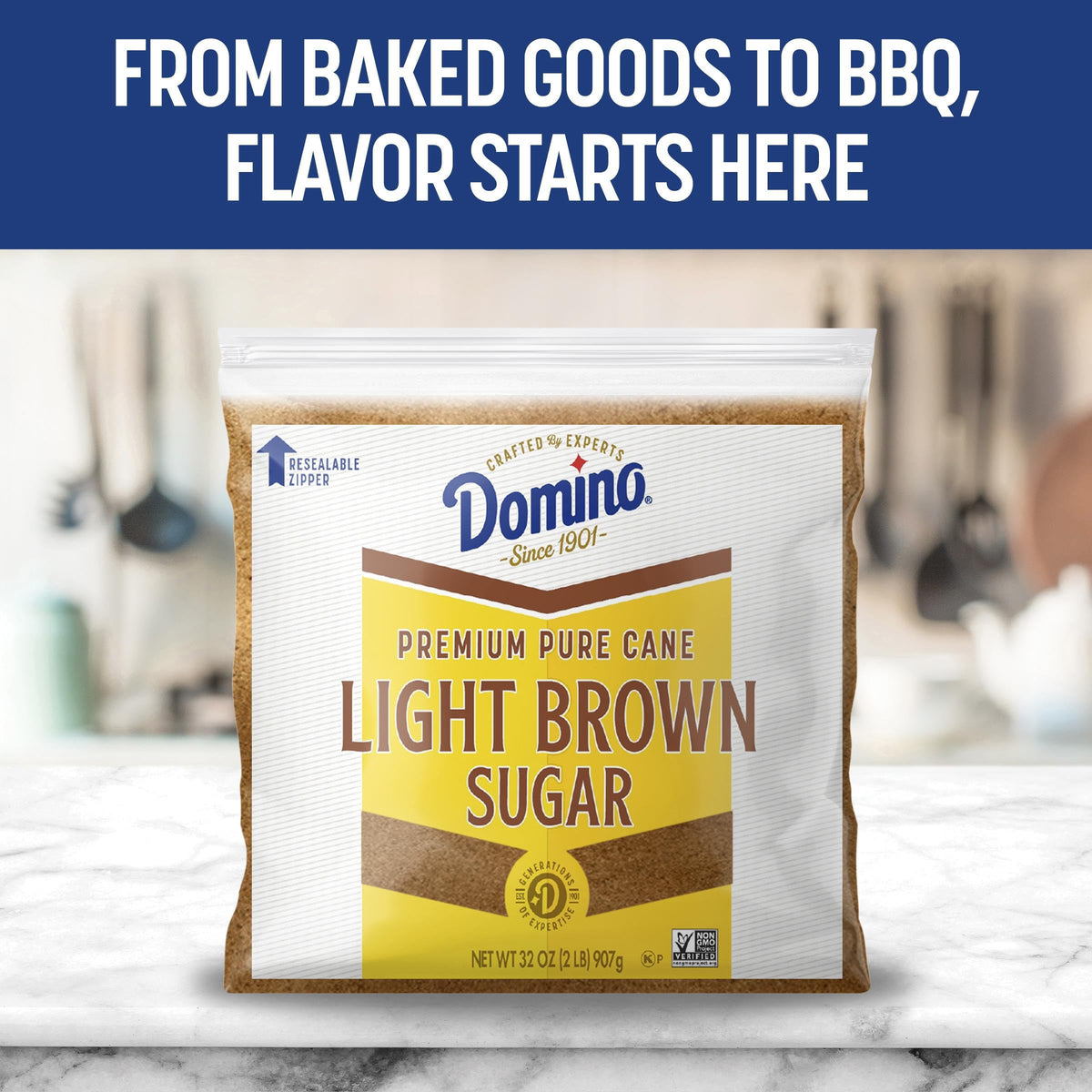 Domino Light Brown Sugar close-up shows soft, moist texture for chewy cookies.