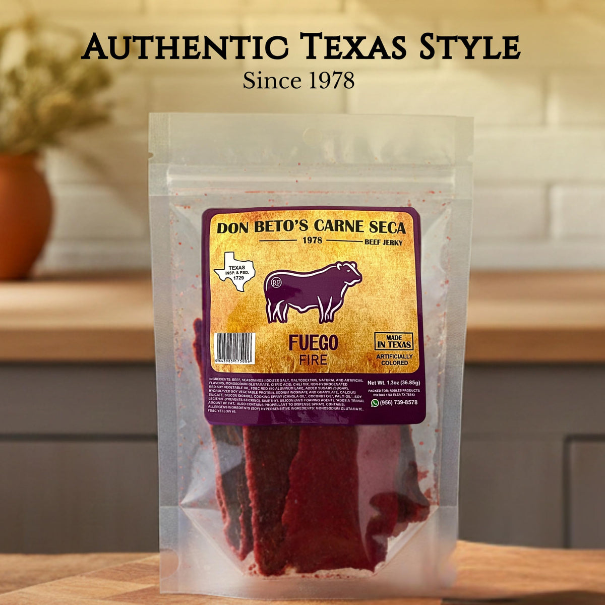 Don Beto's Carne Seca Fuego beef jerky close-up highlights bold color and premium texture.