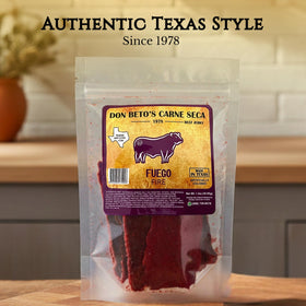 Don Beto's Carne Seca Fuego beef jerky close-up highlights bold color and premium texture.