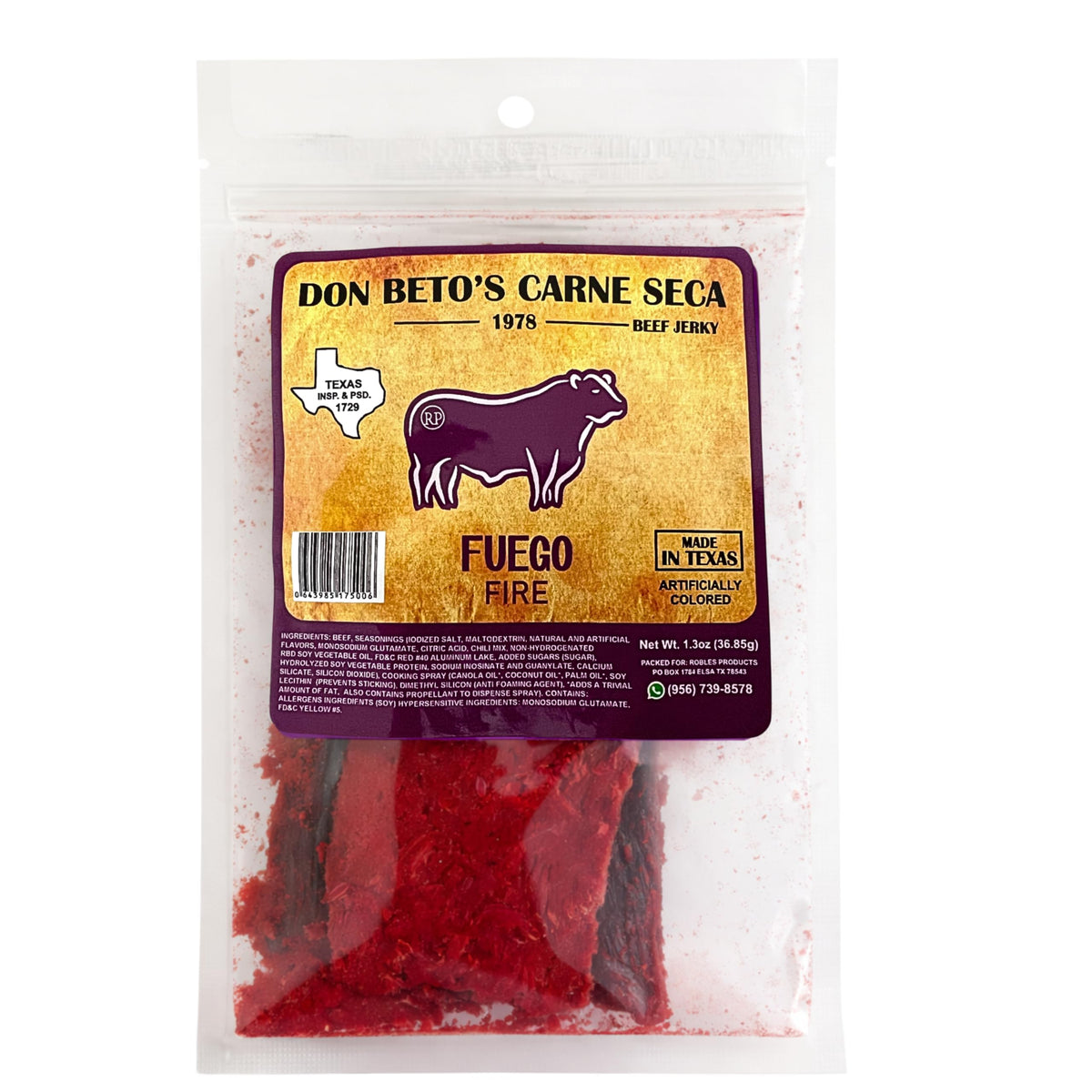 Don Beto's Carne Seca Fuego beef jerky pack in a resealable pouch for on-the-go heat.