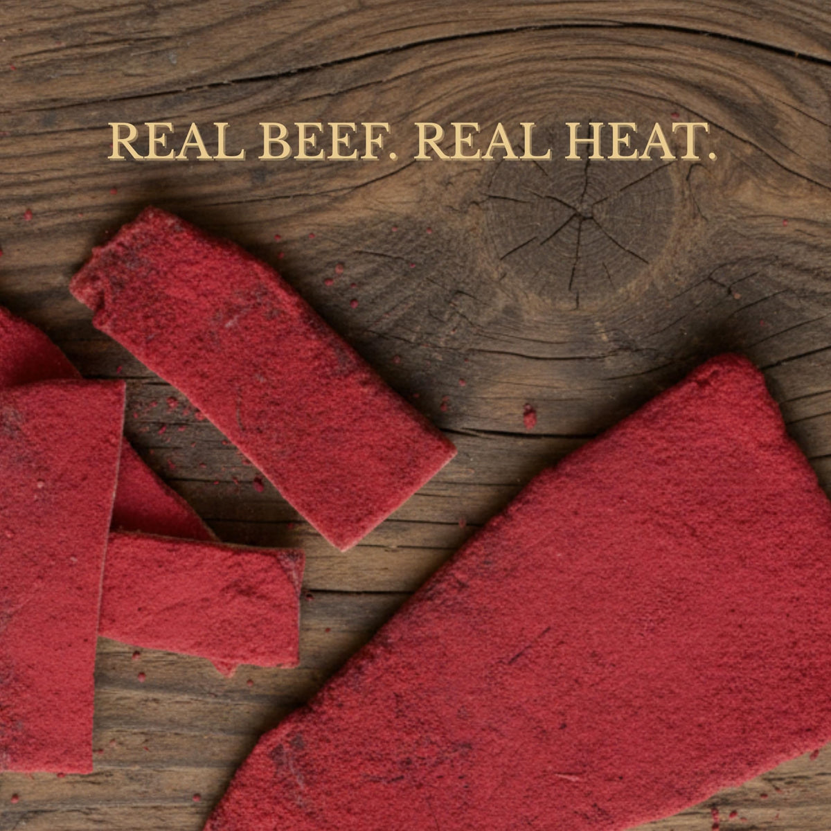 Don Beto's Carne Seca Fuego jerky on a rustic surface showcasing Texas flavor and heat.