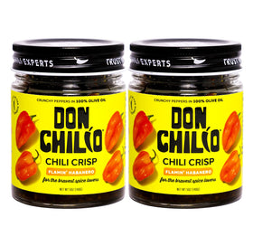Don Chilio hot habanero chili crisp bottle being poured for added heat.