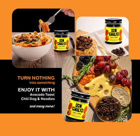 Don Chilio hot habanero chili crisp on nachos adds heat and crunch.