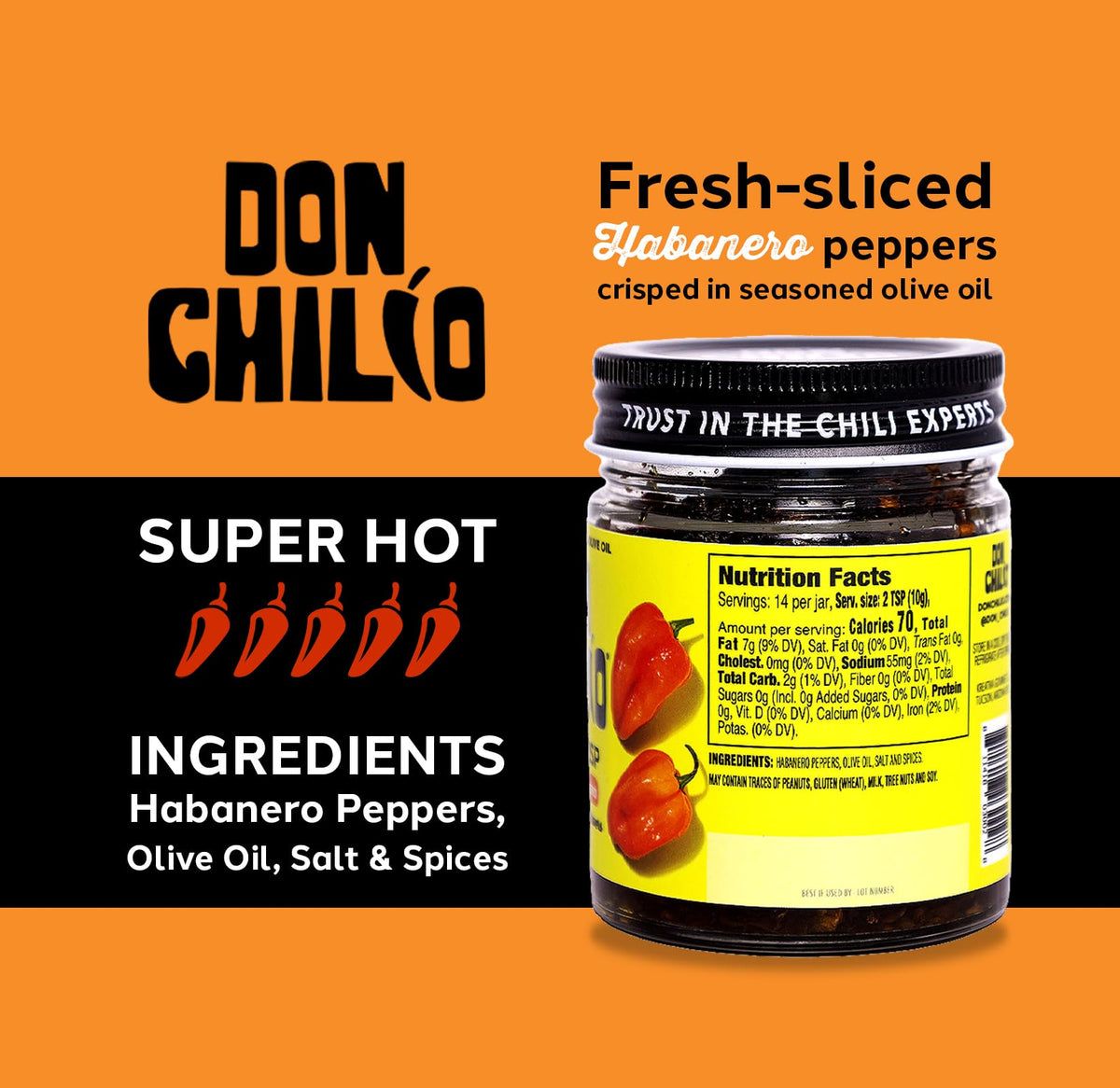 Don Chilio hot habanero chili crisp close-up of crisp peppers and texture.