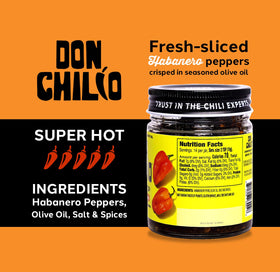 Don Chilio hot habanero chili crisp close-up of crisp peppers and texture.