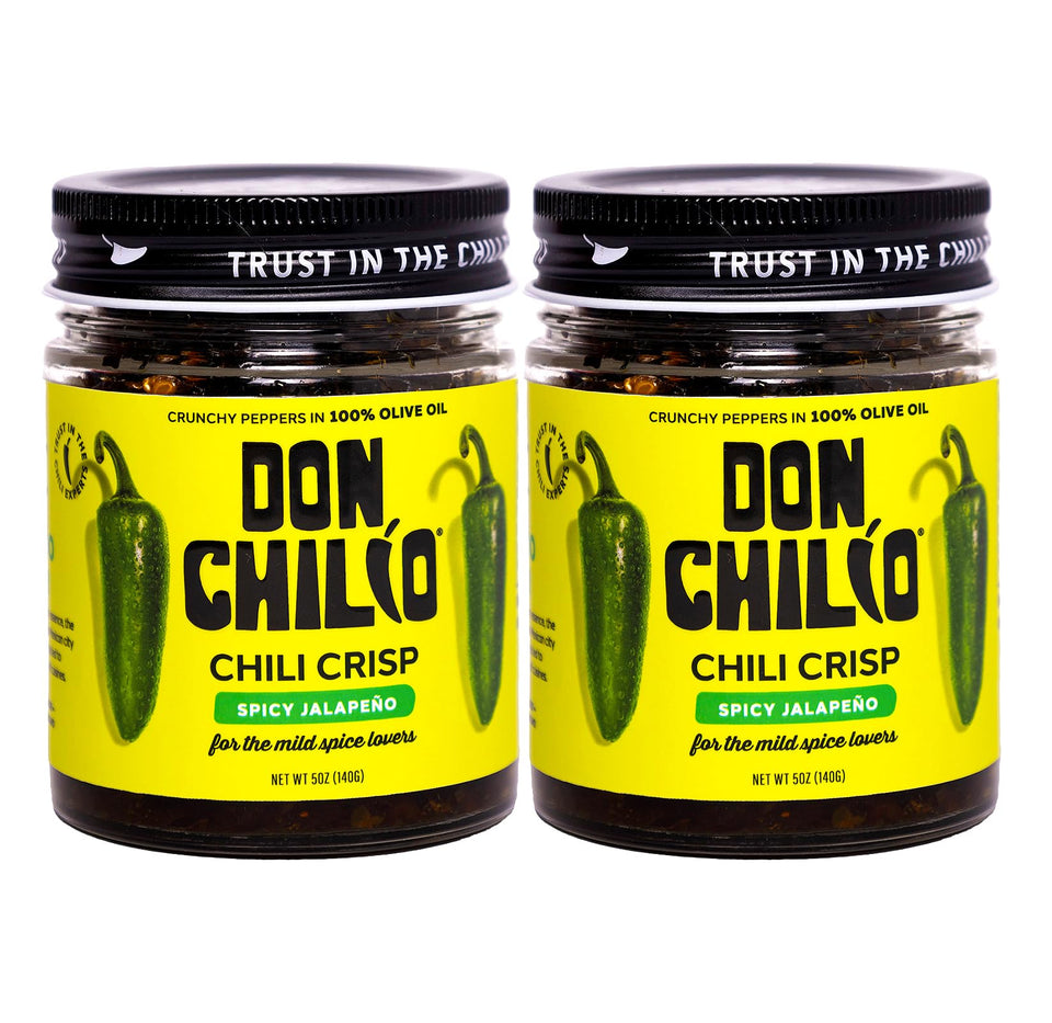 Don Chilio Mild Jalapeño Chile Crisp bottle adds a crisp, peppery kick to meals.
