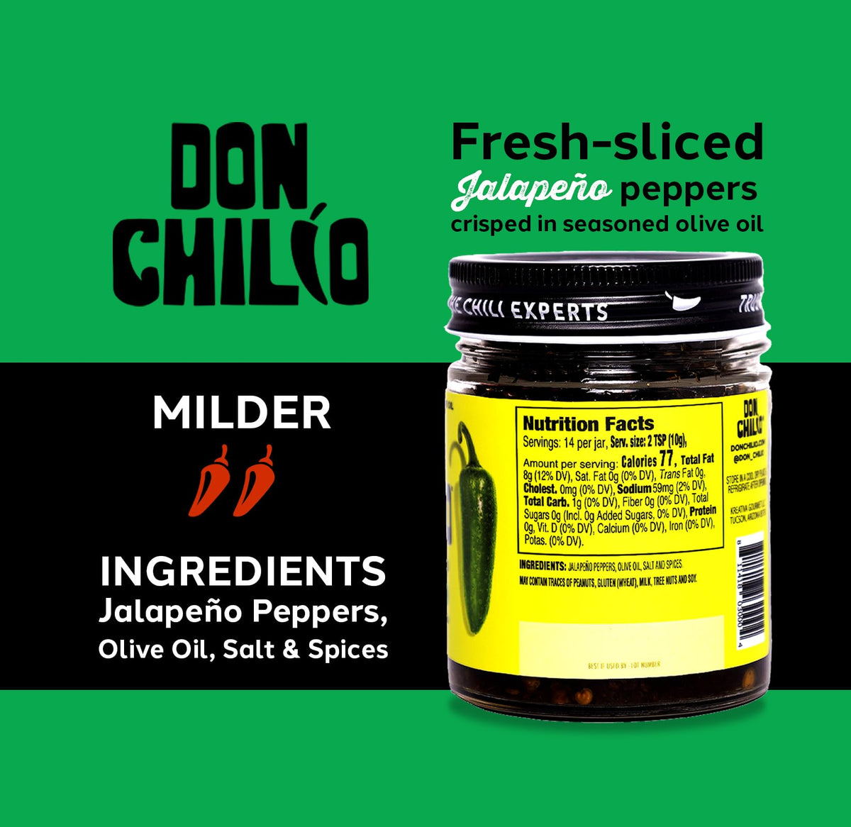Ingredients close-up of Don Chilio Mild Jalapeño Chile Crisp shows fresh peppers.