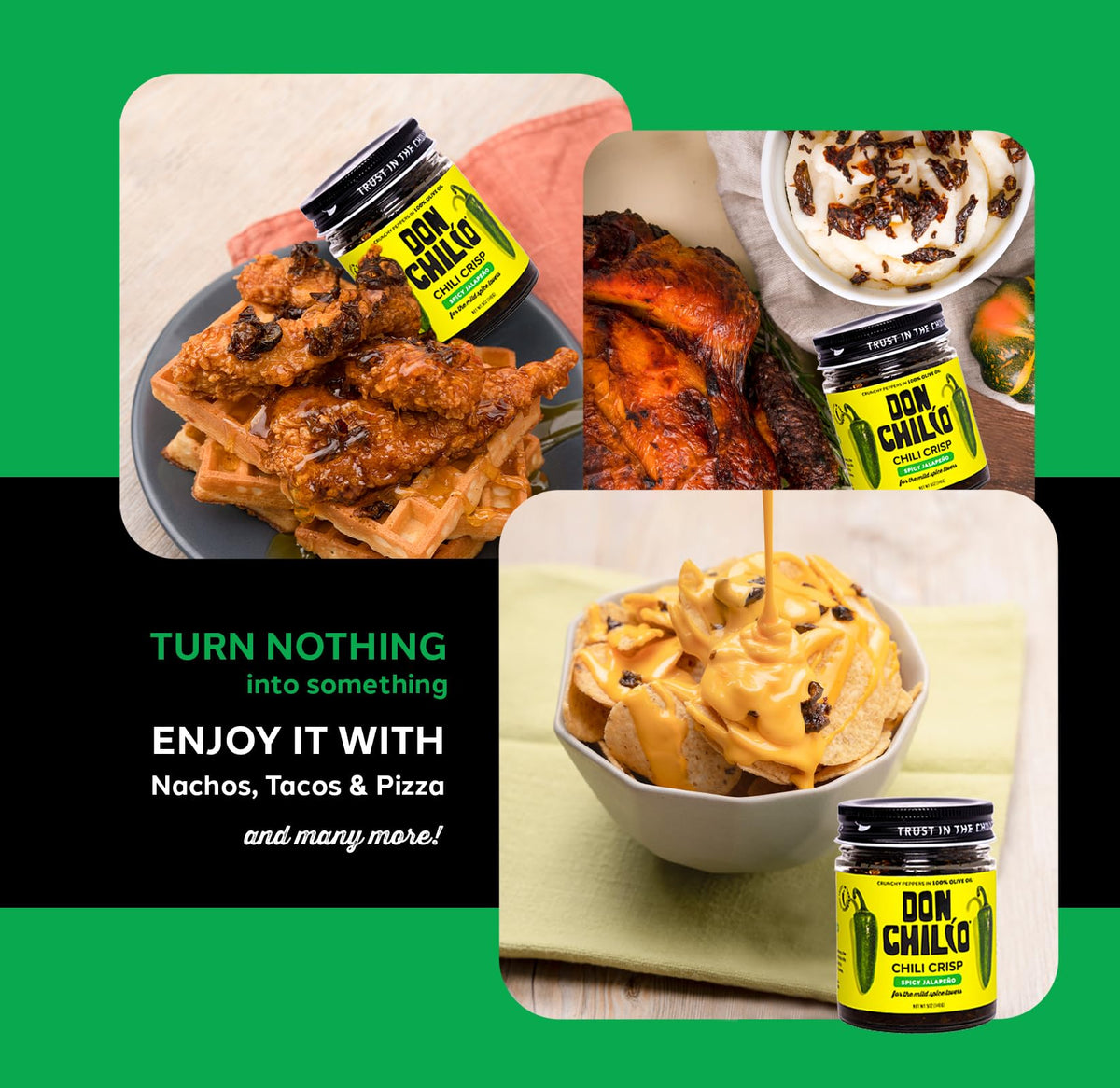Don Chilio Mild Jalapeño Chile Crisp on pizza adds subtle heat and texture.