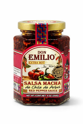 Don Emilio Salsa Macha Extra Hot bottle pour highlights crunchy texture for tacos.