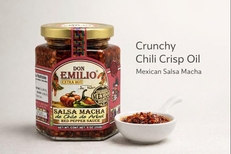 Don Emilio Salsa Macha Extra Hot crunchy-oil closeup shows smoky red pepper flakes for ramen.