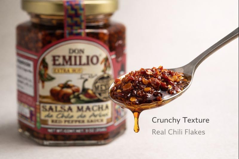 Don Emilio Salsa Macha Extra Hot jar closeup showcases chunky chilies for flavor depth on tacos.
