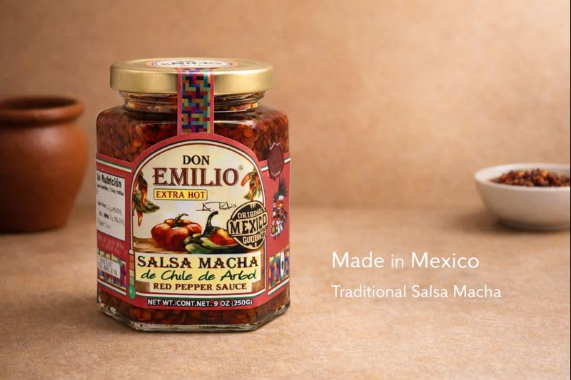 Don Emilio Salsa Macha Extra Hot oil drizzle over eggs emphasizes bold heat and aroma.