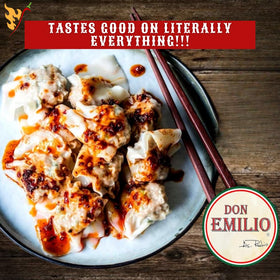 Don Emilio Salsa Macha Extra Hot oil droplets suggest versatile topping for ramen and noodles.