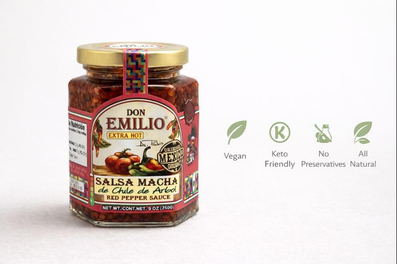Don Emilio Salsa Macha Extra Hot pour-for-dipping bottle view conveys premium gourmet appeal.