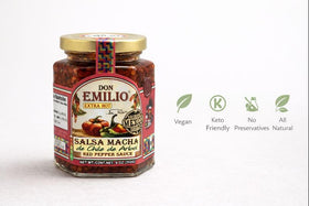 Don Emilio Salsa Macha Extra Hot pour-for-dipping bottle view conveys premium gourmet appeal.