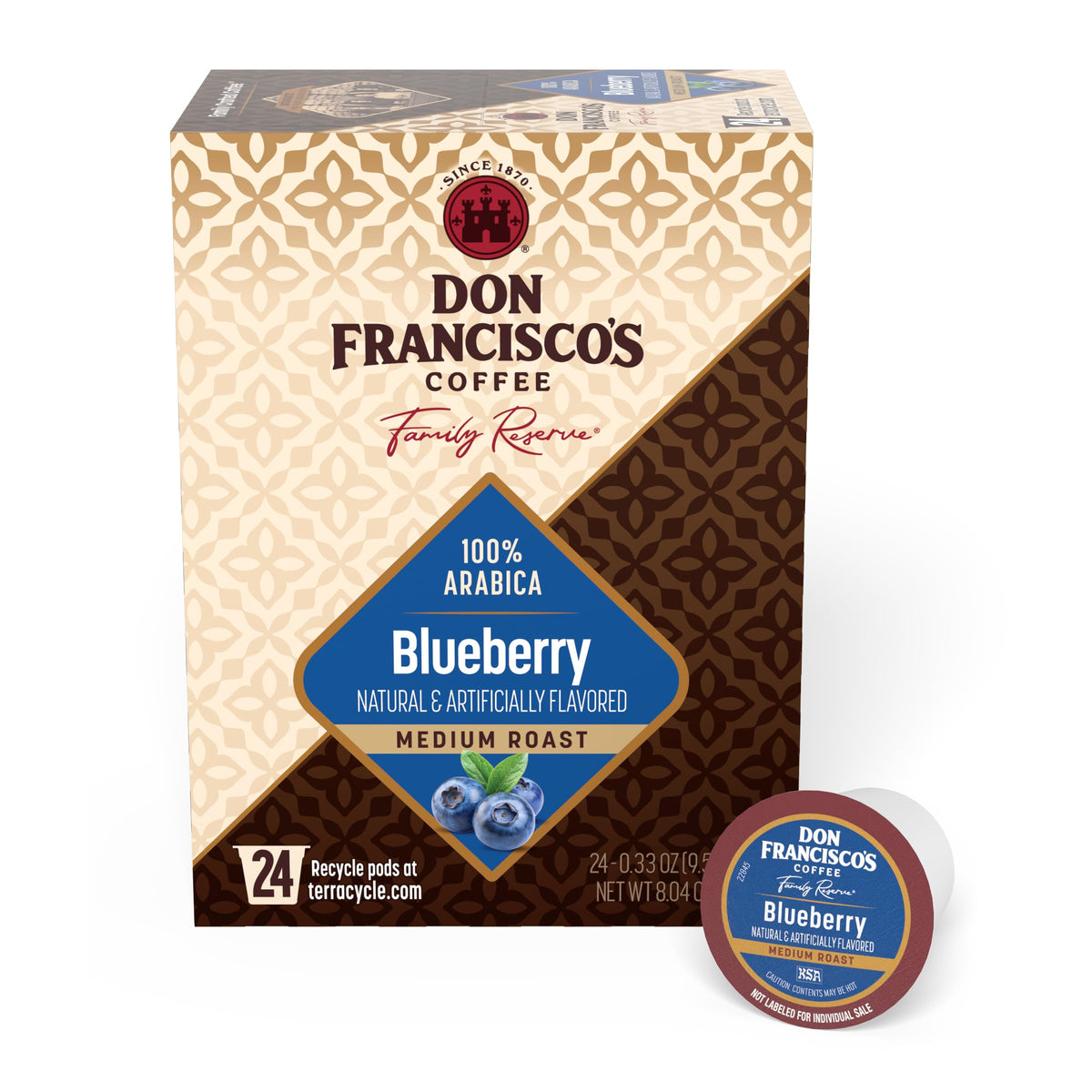 Don Francisco's Blueberry coffee pods 24-count pack ready for Keurig brewing