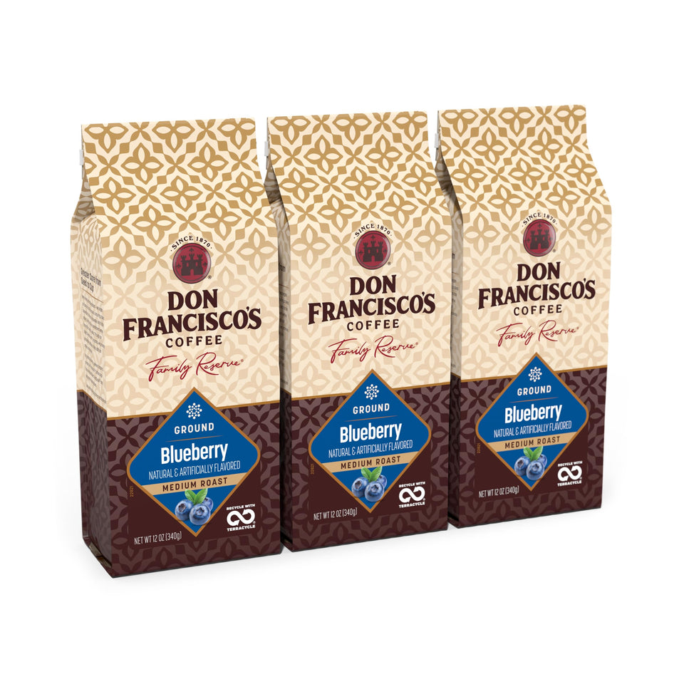 Don Francisco's Blueberry Ground Coffee pack front for a fresh morning ritual