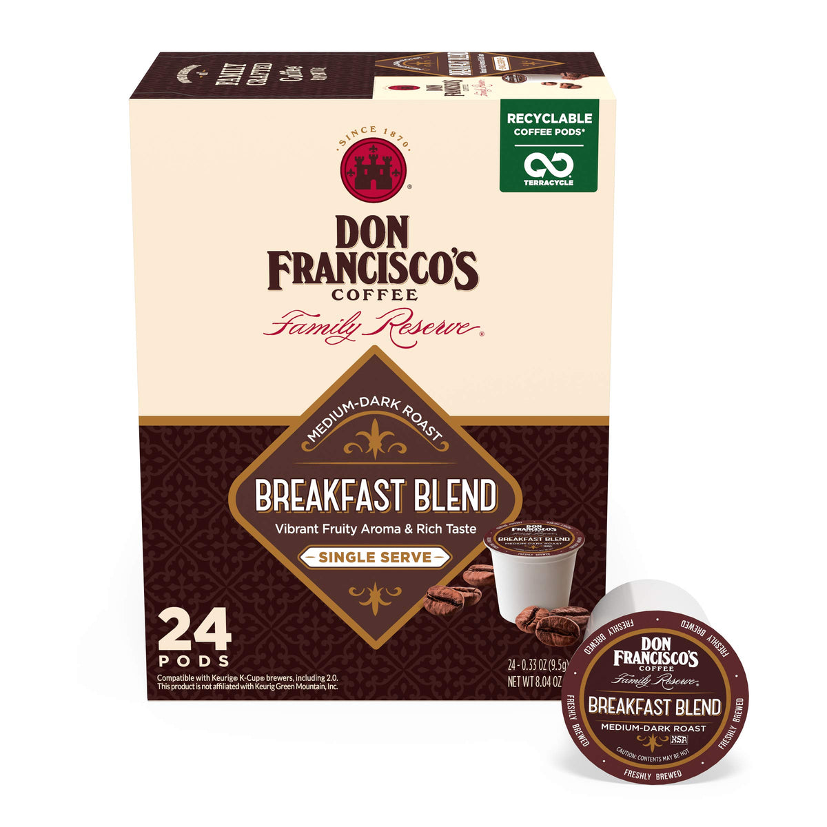 Don Francisco's Breakfast Blend pods box front shows 24-count convenience for busy mornings.