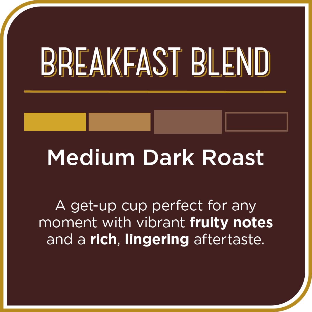 Don Francisco's Breakfast Blend pods beside a steaming cup highlight rich aroma for starting the day.
