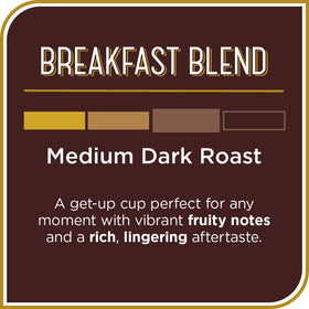Don Francisco's Breakfast Blend pods beside a steaming cup highlight rich aroma for starting the day.