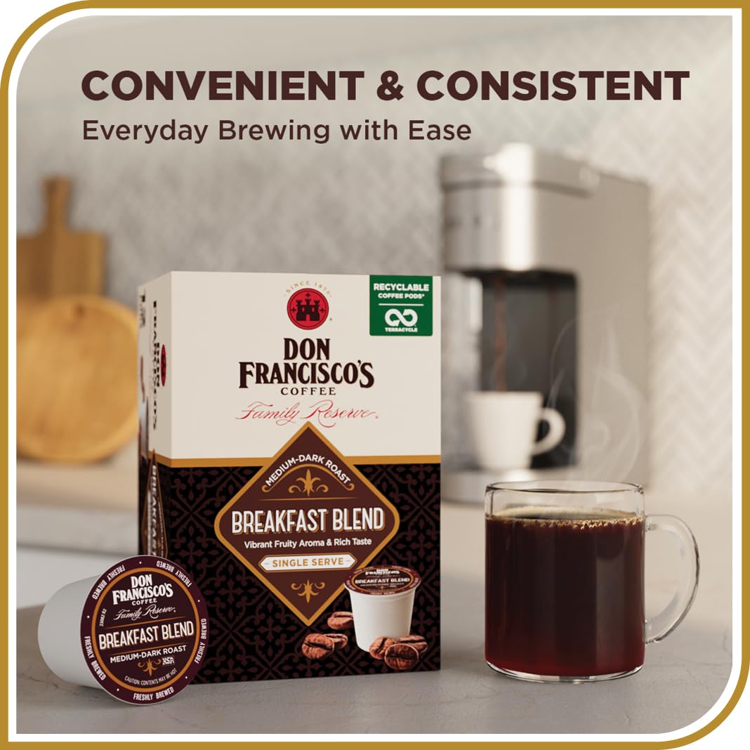 Don Francisco's Breakfast Blend pods compatible with Keurig brewers for quick brewing.