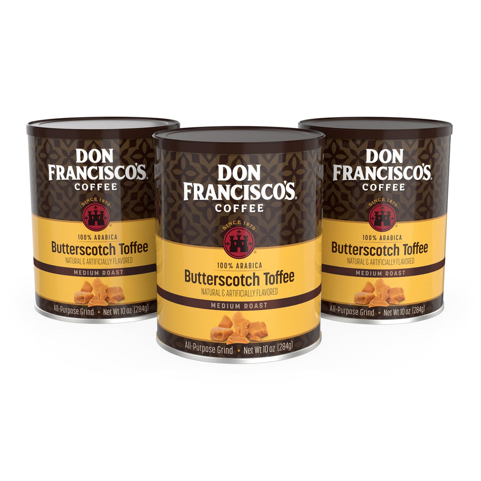 Don Francisco's Butterscotch Toffee ground coffee can emits rich morning aroma