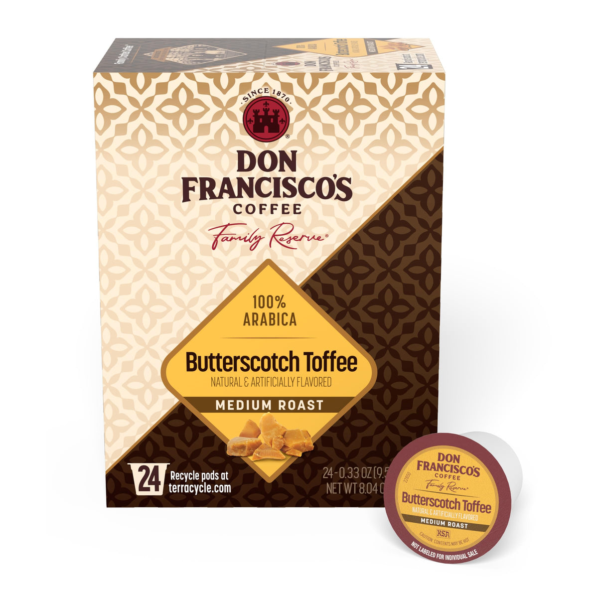 Don Francisco's Butterscotch Toffee pod front view for a quick, flavorful Keurig brew.