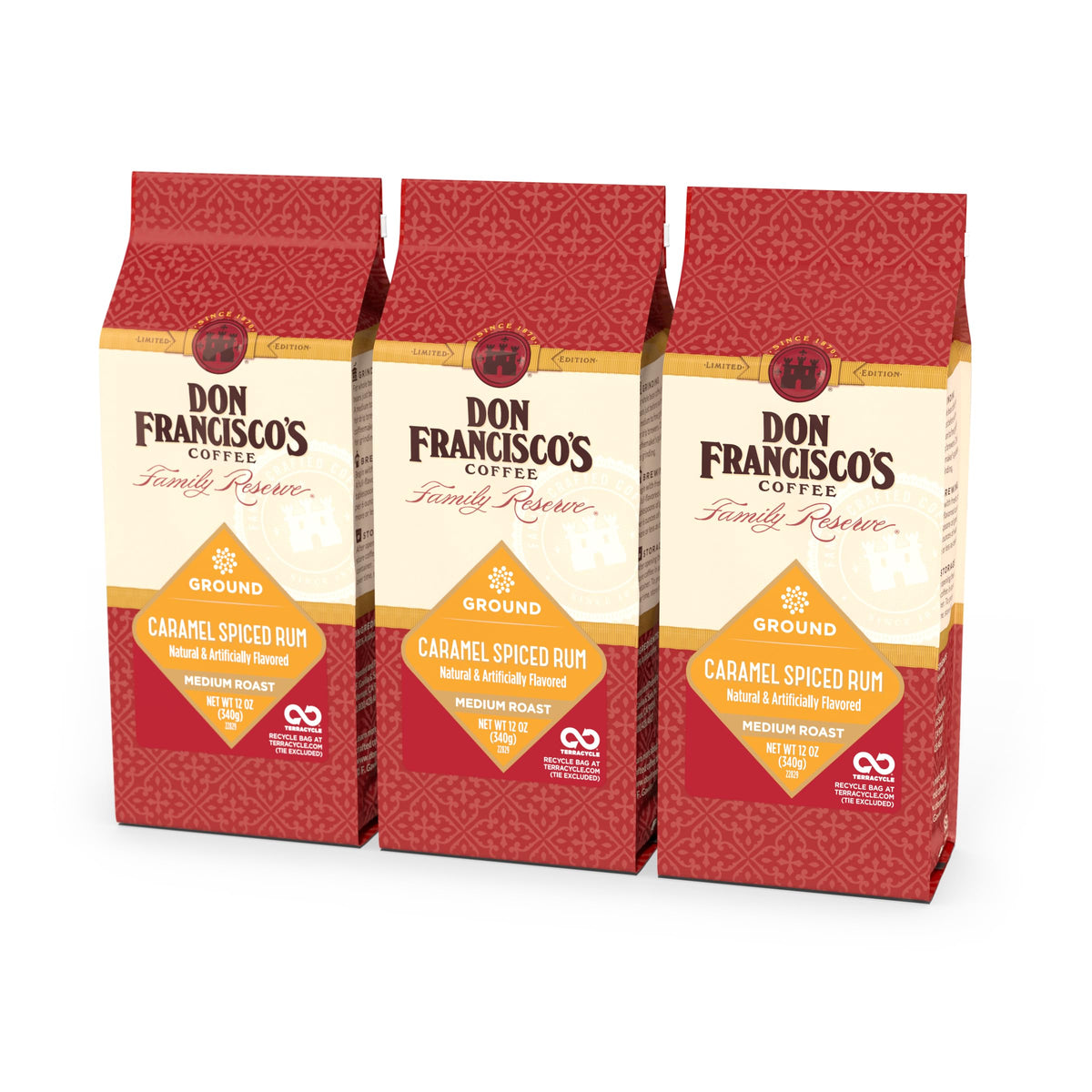 Don Francisco's Caramel Spiced Rum Coffee packaging preserves freshness with nitrogen flushing.