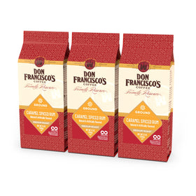 Don Francisco's Caramel Spiced Rum Coffee packaging preserves freshness with nitrogen flushing.