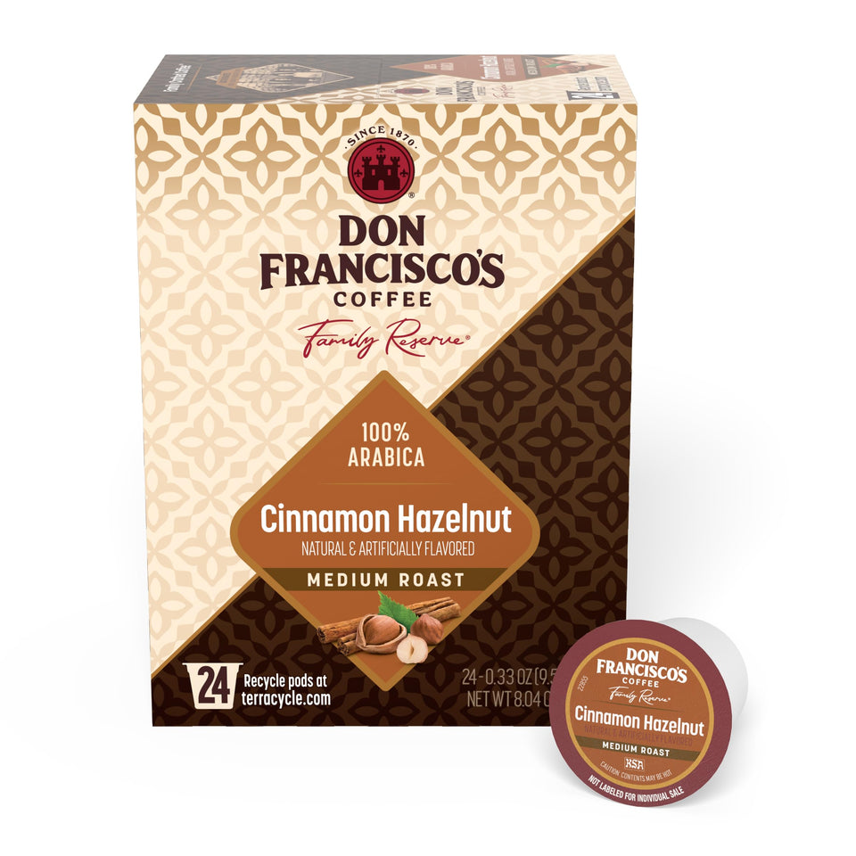 Don Francisco's Cinnamon Hazelnut pods in a 24-count box for easy mornings.