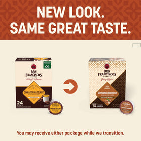 Don Francisco's Cinnamon Hazelnut pods shown with a Keurig brewer for quick brewing.