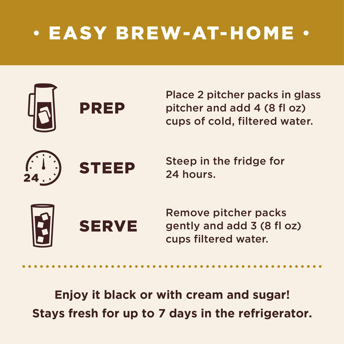 Pitcher packs steeping in the refrigerator for smooth, low-acidity cold brew.
